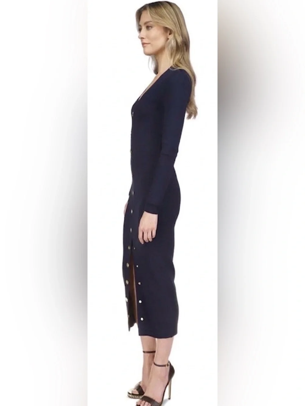 Michael Kors Navy Button-Front V-Neck Midi Dress - Picture 2 of 7